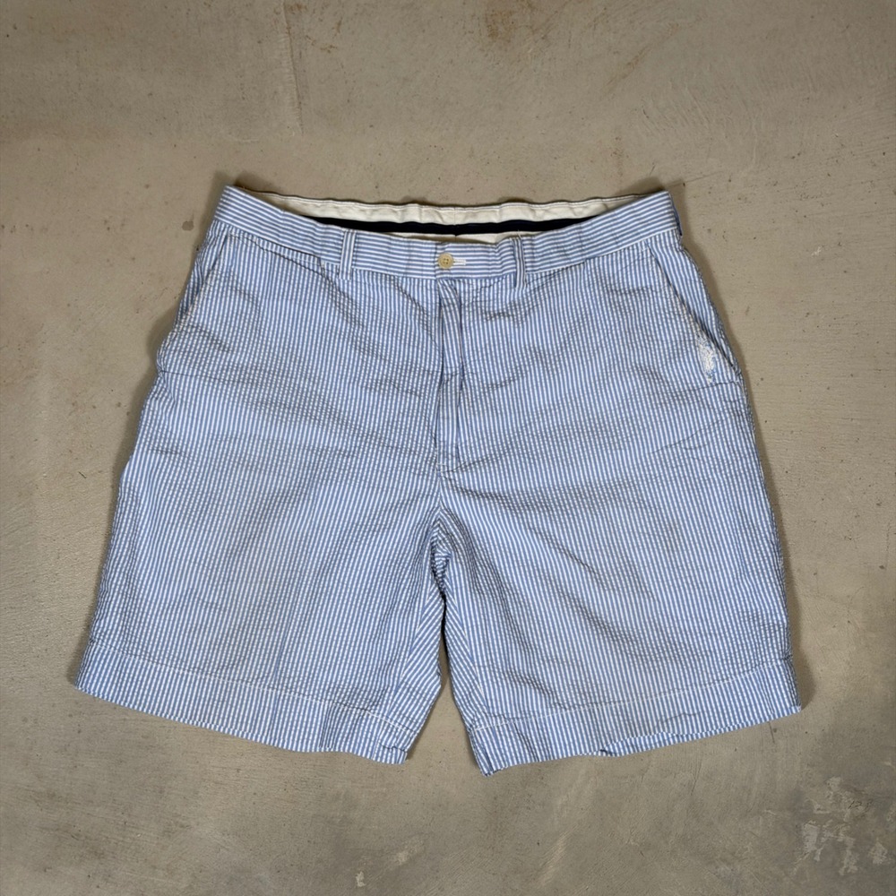Polo Golf Ralph Lauren Blue White Striped Seersucker Shorts Mens 36